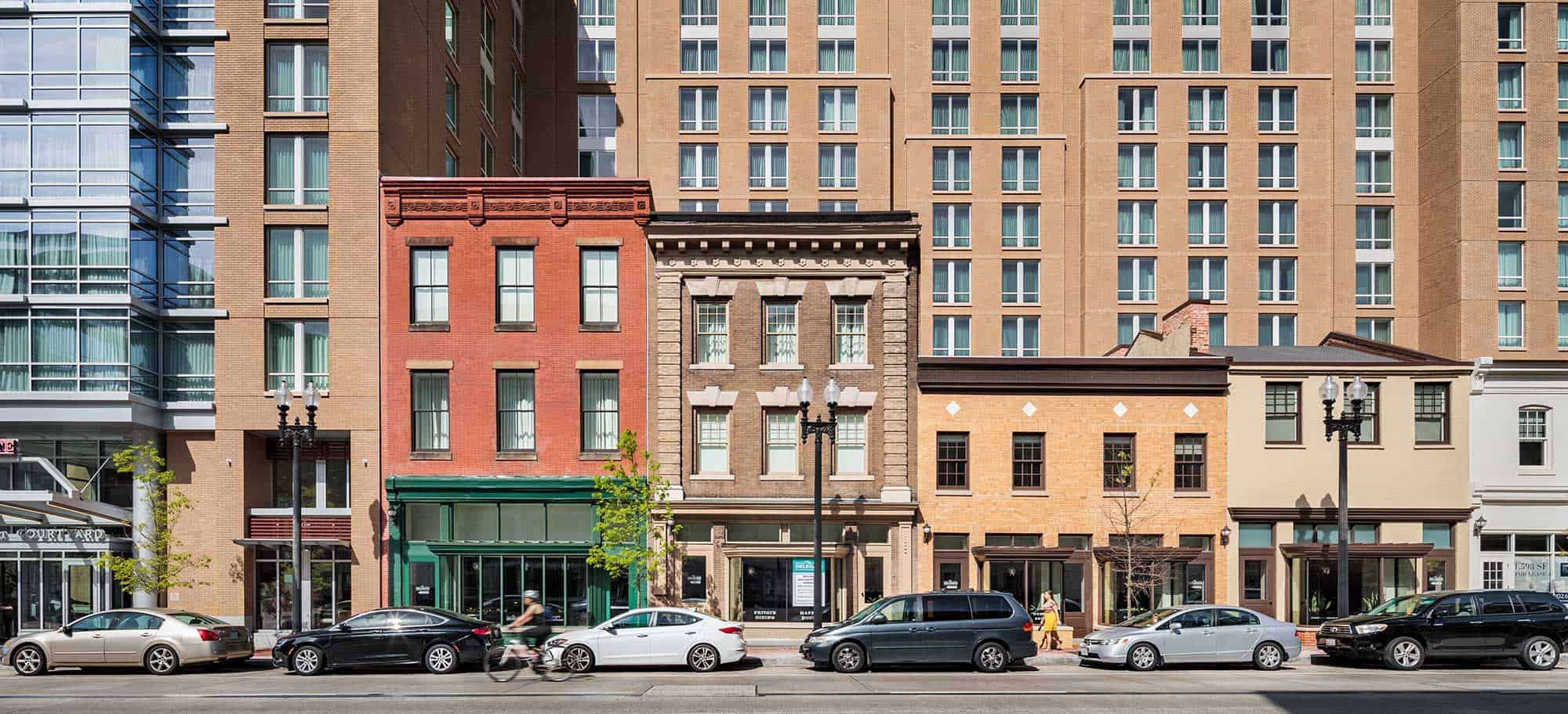 Colorful brick buildings close together in downtown D.C.