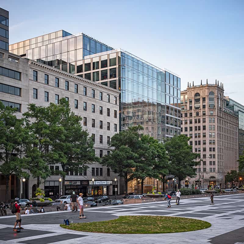 People in Freedom Plaza in downtown D.C.