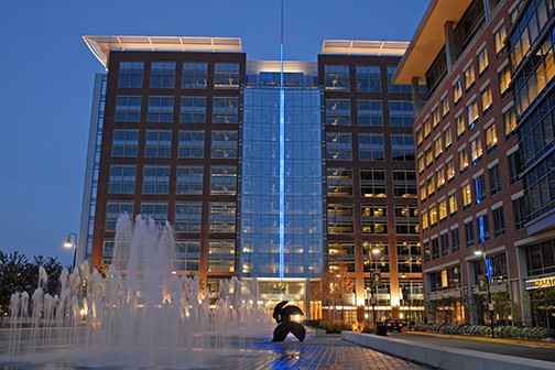 Decorative fountain at entrance of upscale office building