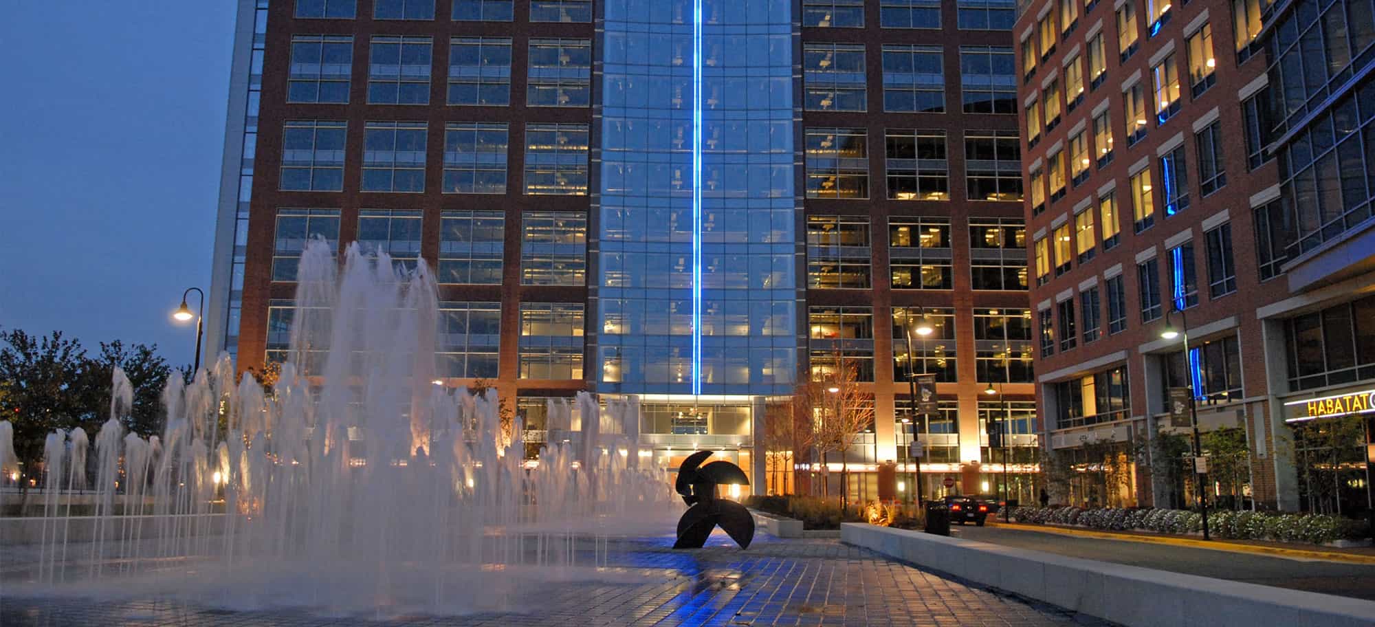 Decorative fountain at entrance of upscale office building