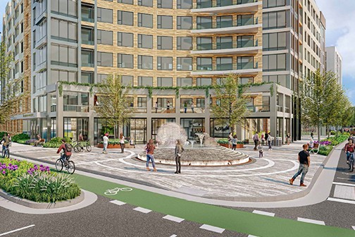 Commercial building ground floor entrance courtyard with fountain